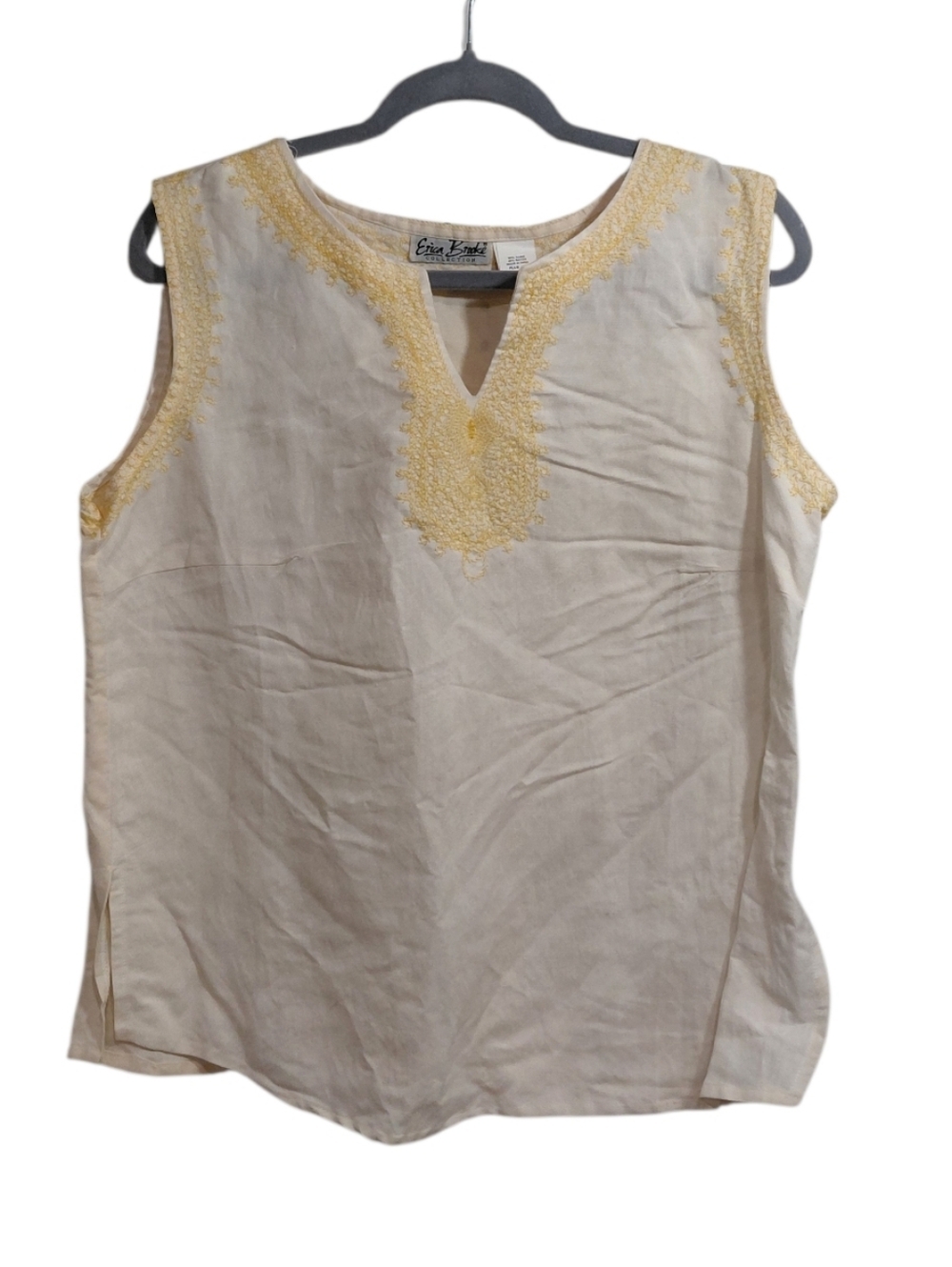 Erika Brooke Cream Sleeveless Linen Tunic with Yellow Embroidery